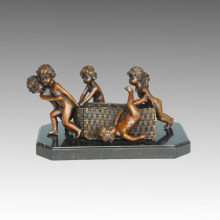 Kids Bronze Sculpture Children Basket Carving Deco Brass Statue TPE-586